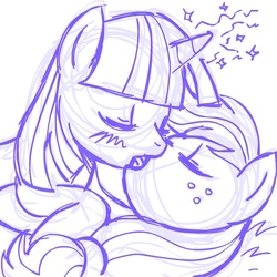 Size: 945x945 | Tagged: safe, artist:megasweet, applejack, twilight sparkle, pony, g4, female, french kiss, horn, hornboner, kiss on the lips, kissing, lesbian, mare, monochrome, ship:twijack, shipping