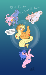 Size: 620x1000 | Tagged: safe, artist:jenasu, applejack, earth pony, pony, sea pony, g1, g4, bubble, female, g1 to g4, generation leap, group, mare, quartet, shoo be doo, thought bubble, underwater