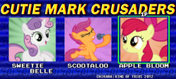 Size: 700x315 | Tagged: safe, apple bloom, scootaloo, sweetie belle, earth pony, pegasus, pony, unicorn, g4, chikara, cutie mark crusaders, king of trios, quadrupedal, wrestling