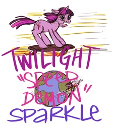 Size: 821x900 | Tagged: safe, artist:emmy, twilight sparkle, pony, unicorn, g4, earth, female, mare, open mouth, skateboard, solo, unicorn twilight