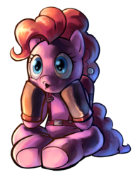 Size: 600x800 | Tagged: safe, artist:stupjam, pinkie pie, earth pony, pony, g4, female, mare, parody, pyro (tf2), simple background, sitting, sitting pyro, solo, team fortress 2, transparent background