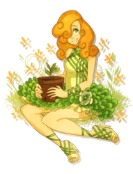 Size: 680x890 | Tagged: safe, artist:ssenarrya, carrot top, golden harvest, human, g4, clothes, female, flower, hair over one eye, holding, humanized, looking at you, potted plant, simple background, sitting, smiling, solo, transparent background