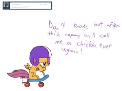 Size: 1600x1200 | Tagged: safe, scootaloo, pegasus, pony, g4, ask, blank flank, dialogue, female, filly, helmet, scooter, simple background, sitting, tumblr, white background, wings