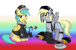 Size: 1280x847 | Tagged: safe, artist:blayaden, derpy hooves, rainbow dash, sunshower raindrops, pegasus, pony, g4, clothes, female, hat, hoodie, mare, muffin, question mark, scrunchy face