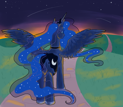 Size: 1000x870 | Tagged: safe, artist:badkittyxx, princess luna, alicorn, pony, g4, butt, female, grass, lidded eyes, mare, moonbutt, path, plot, solo, stars