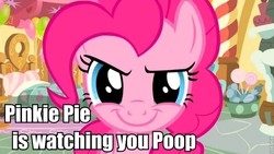 Size: 800x450 | Tagged: safe, pinkie pie, g4, caption, image macro, looking at you, pinkie pie is watching you, smiling, text