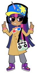 Size: 494x928 | Tagged: safe, artist:nekozneko, twilight sparkle, human, g4, 3d glasses, baseball cap, boombox, clothes, dark skin, fashion, female, glasses, hat, headphones, humanized, simple background, sneakers, solo, transparent background, trenchcoat