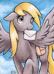 Size: 437x600 | Tagged: safe, artist:aokibengal, derpy hooves, pegasus, pony, g4, envelope, female, letter, mare, mouth hold, solo, traditional art