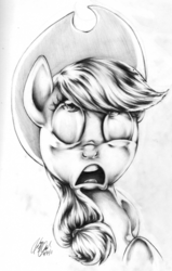 Size: 1523x2394 | Tagged: safe, artist:carlotta-guidicelli, applejack, earth pony, pony, g4, bust, d:, female, frown, grayscale, looking up, monochrome, nose wrinkle, open mouth, pencil drawing, portrait, solo, traditional art, wide eyes
