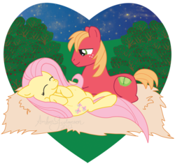 Size: 900x858 | Tagged: safe, artist:ambears, big macintosh, fluttershy, earth pony, pony, g4, belly button, cute, eyes closed, female, floppy ears, lying down, male, on back, pregnant, ship:fluttermac, shipping, shyabetes, simple background, smiling, stallion, straight, transparent background
