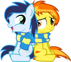 Size: 2436x2120 | Tagged: safe, artist:hank0, artist:veggie55, soarin', spitfire, pegasus, pony, g4, clothes, colt, colt soarin', cute, cutefire, duo, female, filly, filly spitfire, foal, high res, male, scarf, shared clothing, shared scarf, ship:soarinfire, shipping, show accurate, simple background, soarinbetes, straight, transparent background, vector, younger