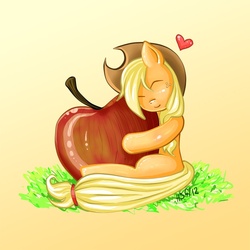 Size: 900x900 | Tagged: safe, artist:nefertie, applejack, earth pony, pony, g4, apple, eyes closed, female, heart, hug, mare, namesake, pun, sitting, solo, that pony sure does love apples, visual pun