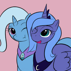 Size: 600x600 | Tagged: safe, artist:kloudmutt, princess luna, trixie, alicorn, pony, unicorn, :t, best friends, cheek squish, cute, diatrixes, duo, female, lesbian, looking at you, lunabetes, luxie, mare, open mouth, pink background, s1 luna, shipping, simple background, smiling, squishy cheeks, wink