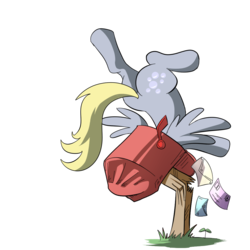 Size: 1000x1000 | Tagged: safe, artist:madmax, derpy hooves, pegasus, pony, g4, crash, derpy inside a mailbox, female, mailbox, mare, ouch, simple background, solo, transparent background