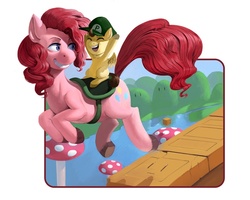 Size: 800x640 | Tagged: safe, artist:kevinsano, pinkie pie, pound cake, earth pony, pegasus, pony, g4, colt, crossover, duo, female, foal, hippo snout, male, mare, mario, platformer, ponies riding ponies, riding, riding a pony, saddle, super mario bros., tack, yoshi's island