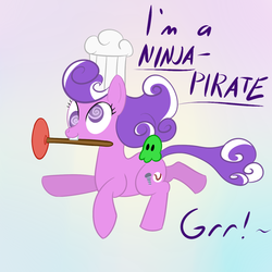 Size: 1125x1125 | Tagged: safe, artist:hip-indeed, screwball, earth pony, pony, g4, chef's hat, female, hat, mare, mouth hold, ninja, ninja pirate, pirate, pirate ninja, plunger, solo