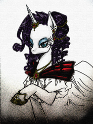 Size: 900x1200 | Tagged: dead source, safe, artist:tt-n, rarity, pony, unicorn, g4, alternate hairstyle, beautiful, bedroom eyes, clothes, dress, ear piercing, earring, evening gloves, eyeshadow, female, gem, gloves, hair accessory, helix piercing, horn, horn ring, jewelry, lidded eyes, long gloves, looking at you, makeup, mare, mascara, necklace, piercing, ring, shoes, simple background, solo, traditional art