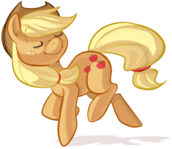 Size: 577x499 | Tagged: safe, artist:php27, applejack, earth pony, pony, g4, cute, eyes closed, female, freckles, hair tie, hairband, happy, jackabetes, mare, ponytail, shadow, simple background, smiling, solo, transparent background, trotting