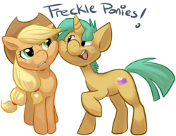 Size: 851x660 | Tagged: source needed, safe, artist:php27, applejack, snails, earth pony, pony, unicorn, g4, annoyed, colt, duo, duo male and female, female, foal, freckles, male, mare, open mouth, open smile, simple background, smiling, squishy cheeks, text, transparent background