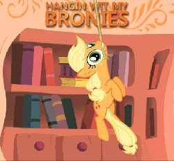 Size: 431x400 | Tagged: safe, edit, edited screencap, screencap, applejack, earth pony, pony, g4, look before you sleep, season 1, animated, blinking, brony, cropped, female, gif, golden oaks library, hatless, loop, missing accessory, mouth hold, reaction image, rope, solo, swingjack