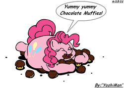 Size: 722x515 | Tagged: safe, artist:yoshiman1118, pinkie pie, earth pony, pony, g4, chubby cheeks, fat, female, mare, messy eating, muffin, obese, piggy pie, pudgy pie