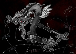 Size: 1754x1240 | Tagged: safe, artist:ziom05, discord, draconequus, g4, grayscale, male, monochrome, neo noir, partial color, puppet, solo