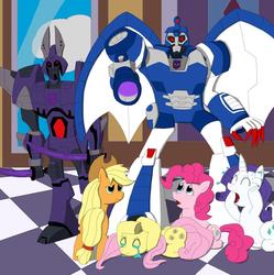 Size: 1214x1219 | Tagged: safe, applejack, fluttershy, pinkie pie, rarity, g4, cyclonus, scourge, transformers