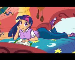 Size: 1280x1024 | Tagged: safe, artist:kreoss, twilight sparkle, human, g4, 2010, arm band, bed, book, clothes, converse, description in comments, ear piercing, earring, female, humanized, jewelry, lightly tanned skin, looking at you, lying down, piercing, prone, shoes, smiling, socks, solo