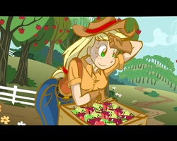 Size: 1280x1024 | Tagged: safe, artist:kreoss, applejack, human, g4, 2010, apple, apple tree, applejack's hat, closed mouth, clothes, cowboy hat, ear piercing, earring, female, food, gloves, hat, humanized, jewelry, piercing, smiling, solo, sweat, sweatdrop, sweet apple acres, tree, wiping brow