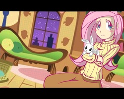 Size: 1280x1024 | Tagged: safe, artist:kreoss, angel bunny, fluttershy, human, rabbit, g4, 2010, animal, blush sticker, blushing, clothes, couch, female, fluttershy's cottage, humanized, male, skirt, smiling, sweater, sweatershy, turtleneck