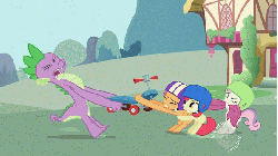 Size: 598x336 | Tagged: safe, screencap, apple bloom, scootaloo, spike, sweetie belle, dragon, earth pony, pegasus, pony, unicorn, g4, season 2, secret of my excess, animated, cutie mark crusaders, eyes closed, female, filly, foal, gif, greed spike, greedy, gritted teeth, helmet, hub logo, scootaloo's scooter, scooter, sin of greed, spike want, tail, tail pull, teenage spike, tug of war, wingless spike