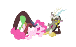 Size: 2389x1470 | Tagged: safe, artist:anima-dos, discord, pinkie pie, draconequus, earth pony, pony, g4, crying, female, laughing, male, mare, ship:discopie, shipping, simple background, straight, tears of laughter, tickle torture, tickling, transparent background