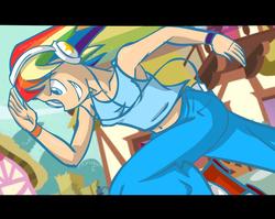 Size: 1280x1018 | Tagged: safe, artist:kreoss, rainbow dash, human, g4, 2010, arm band, armpits, bare midriff, belly button, clothes, female, headphones, humanized, mp3 player, solo, tank top, wrong eye color
