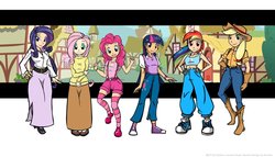 Size: 1280x731 | Tagged: safe, artist:kreoss, applejack, fluttershy, pinkie pie, rainbow dash, rarity, twilight sparkle, human, g4, applejack's hat, belly button, boots, clothes, converse, cowboy boots, cowboy hat, female, hat, humanized, long skirt, mane six, midriff, shoes, skirt, sneakers, sports bra, sweatershy