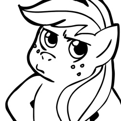 Size: 945x945 | Tagged: safe, artist:megasweet, applejack, earth pony, pony, g4, female, hatless, mare, missing accessory, monochrome, pouting, reaction image, solo