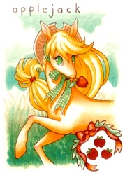 Size: 300x420 | Tagged: safe, artist:cassiefrese, applejack, earth pony, pony, g4, apple, female, food, mouth hold, solo