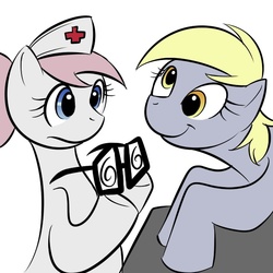 Size: 600x600 | Tagged: safe, artist:kloudmutt, derpy hooves, nurse redheart, earth pony, pegasus, pony, g4, duo, duo female, female, glasses, looking at each other, looking at someone, mare, simple background, smiling, white background