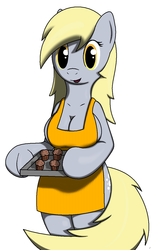 Size: 800x1313 | Tagged: safe, artist:tg-0, derpy hooves, anthro, semi-anthro, g4, arm hooves, baking tray, breasts, busty derpy hooves, female, mare, muffin, wingless, wingless anthro