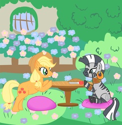 Size: 1000x1026 | Tagged: safe, artist:zomashu, applejack, zecora, earth pony, pony, zebra, g4, apple, duo, female, flower, mare, pie