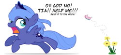 Size: 1513x691 | Tagged: safe, artist:flausch-katzerl, princess luna, alicorn, butterfly, pony, g4, cute, dialogue, female, filly, flower, frown, help, lepidopterophobia, looking back, lunabetes, open mouth, running, scared, simple background, solo, to the moon, transparent background, vector, wide eyes, windswept mane, woona, younger