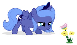 Size: 896x523 | Tagged: safe, artist:flausch-katzerl, princess luna, butterfly, pony, g4, cute, female, filly, flower, foal, simple background, solo, transparent background, woona
