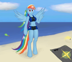 Size: 1400x1200 | Tagged: safe, artist:funkybacon, daring do, derpy hooves, rainbow dash, tank, pegasus, anthro, unguligrade anthro, g4, arm hooves, beach, belly button, bikini, breasts, busty rainbow dash, clothes, daring do's cutie mark, female, mare, solo, swimsuit