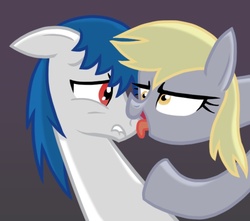 Size: 600x530 | Tagged: safe, derpy hooves, oc, oc:roboshi, pegasus, pony, g4, do not want, duo, female, licking, mare