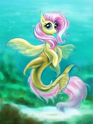 Size: 900x1200 | Tagged: safe, artist:kp-shadowsquirrel, fluttershy, hippocampus, merpony, g4, female, seaponified, seapony fluttershy, solo, species swap, underwater, watershy