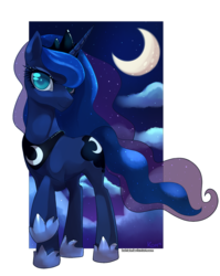 Size: 790x994 | Tagged: safe, artist:si1vr, princess luna, pony, unicorn, g4, cute, female, lidded eyes, looking at you, mare, moon, night, out of frame, pretty, raised hoof, simple background, smiling, solo, transparent background, wingless