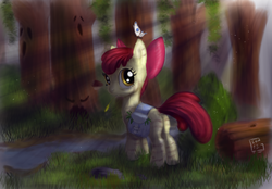 Size: 1024x713 | Tagged: safe, artist:gela-g-i-s-gela, apple bloom, butterfly, earth pony, pony, g4, coat markings, everfree forest, female, filly, foal, forest, full body, fungus, grass, insect on someone, leg markings, leg stripes, looking at you, looking back, looking back at you, river, saddle bag, solo, standing, straw in mouth, stream, stripes, tree with face, water