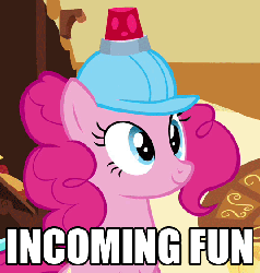 Size: 536x563 | Tagged: safe, edit, edited screencap, screencap, pinkie pie, earth pony, pony, g4, mmmystery on the friendship express, season 2, animated, caption, female, fun, hard hat, hat, helmet, image macro, inspector gadget, mare, meme, reaction image, silly, solo
