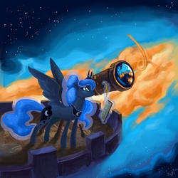 Size: 2500x2500 | Tagged: safe, artist:dymasyasilver, princess luna, spitfire, alicorn, pegasus, pony, g4, balcony, clipboard, female, flight trail, flying, high res, magic, mare, quill, sky, solo, speed trail, telekinesis, telescope