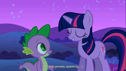 Size: 1366x768 | Tagged: safe, edit, edited screencap, screencap, spike, twilight sparkle, dragon, pony, unicorn, g4, caption, female, implied spanking, male, mare, youtube caption