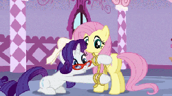 Size: 450x253 | Tagged: safe, screencap, fluttershy, rarity, pegasus, pony, unicorn, g4, season 1, suited for success, animated, art of the dress, butt, duo, female, glasses, mare, measuring tape, plot, rarity's glasses